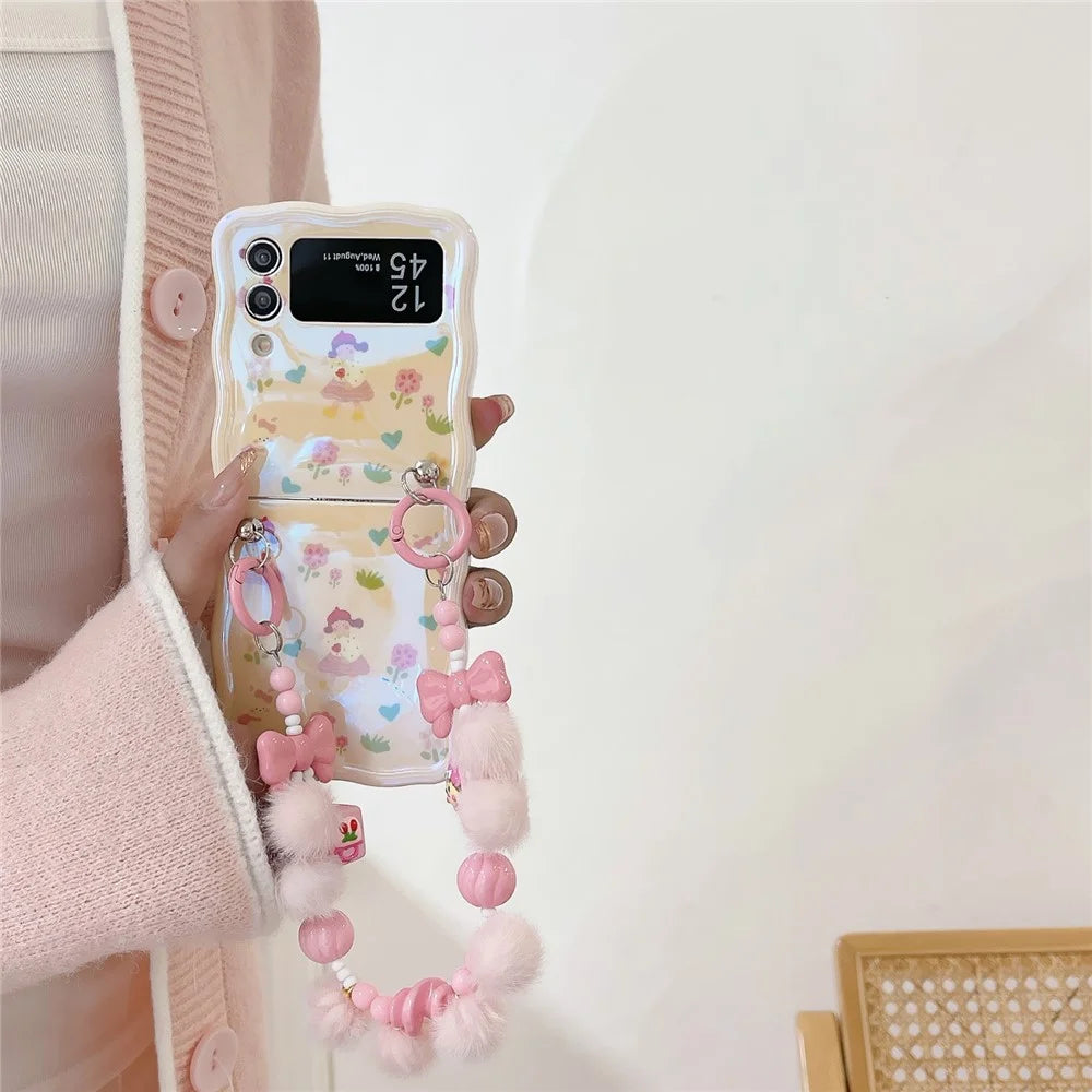 For Samsung Galaxy Z Flip4 5G Case IMD Girl Flower Pattern TPU Phone Cover with Beads Hand Strap - Girl 1 - 2