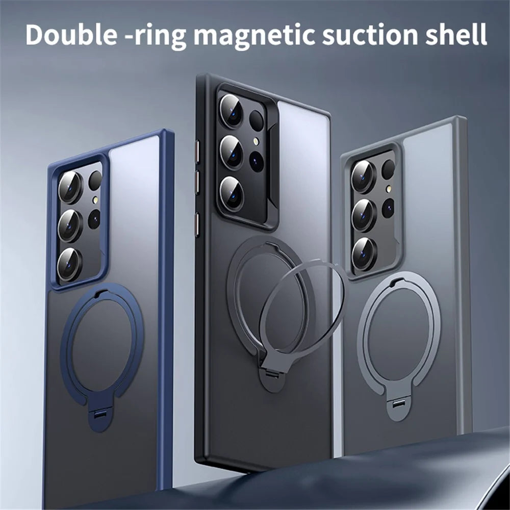 For Samsung Galaxy S24 Ultra Phone Case Magnetic Ring Kickstand Anti-shock Cover Magnetic Case - Black - 3