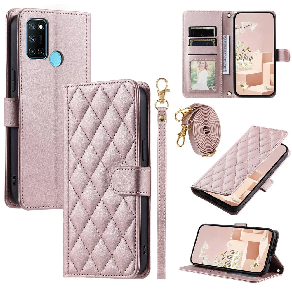 For Realme 7i (Global) / C17 Crossbody Case Rhombus Pattern Stand Function Leather Phone Cover - Rose Gold - 1