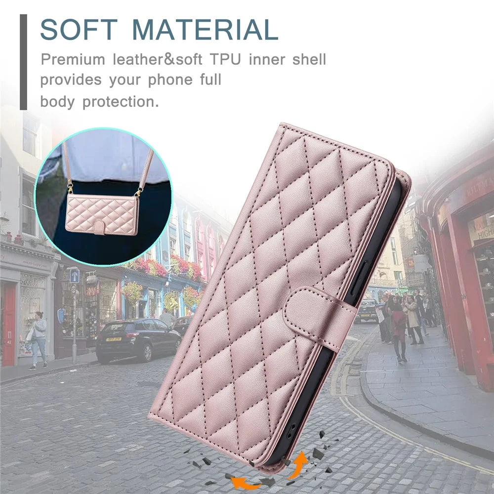 For Realme 7i (Global) / C17 Crossbody Case Rhombus Pattern Stand Function Leather Phone Cover - Rose Gold - 7