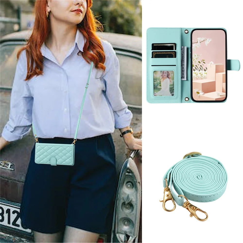 For Realme 11 Pro 5G / 11 Pro+ 5G Case Flip Wallet Rhombus Grid Leather Phone Cover with 2 Straps - Mint Green - 5