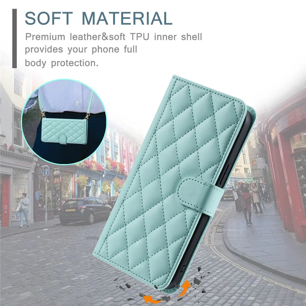 For Realme 11 Pro 5G / 11 Pro+ 5G Case Flip Wallet Rhombus Grid Leather Phone Cover with 2 Straps - Mint Green - 7