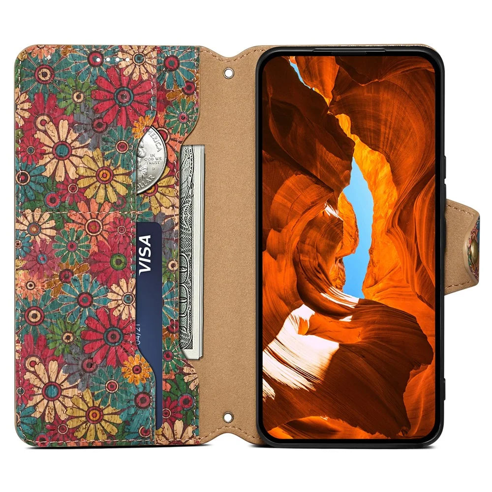 For iPhone 14 Phone Case Wallet Stand Four Season Flower Flip Leather Cover - Spring / Green - 2