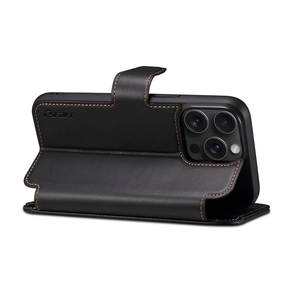E1 For iPhone 14 Pro Max Case Compatible with MagSafe Nappa Texture Leather Wallet Stand Phone Cover - Black - 3