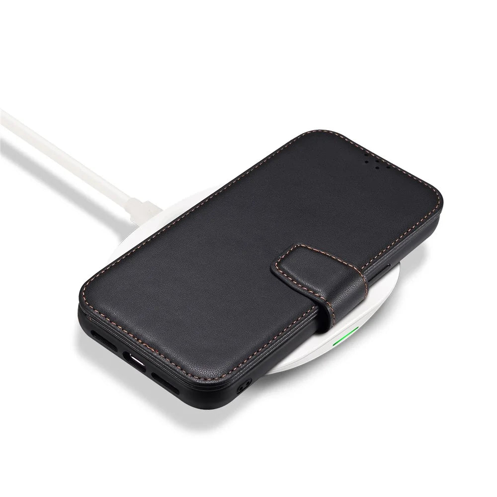 E1 For iPhone 14 Pro Max Case Compatible with MagSafe Nappa Texture Leather Wallet Stand Phone Cover - Black - 5