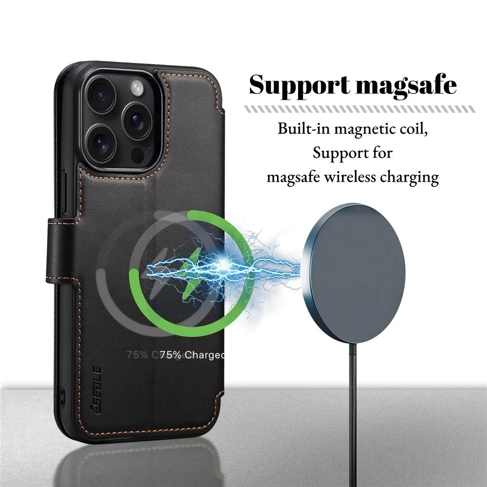 E1 For iPhone 14 Pro Max Case Compatible with MagSafe Nappa Texture Leather Wallet Stand Phone Cover - Black - 6