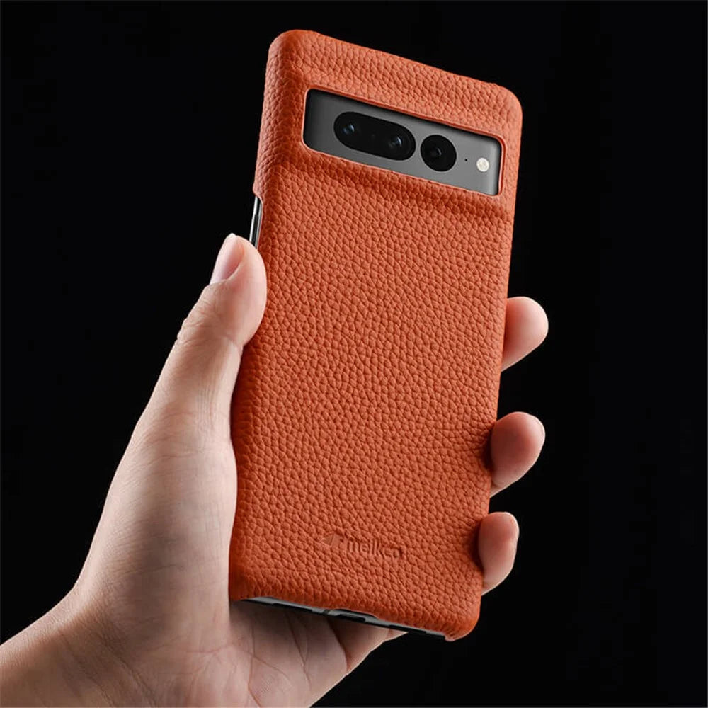 MELKCO Cellphone Case for Google Pixel 7 5G Genuine Cow Leather Coated PC Scratch Proof Cover - Orange - 3