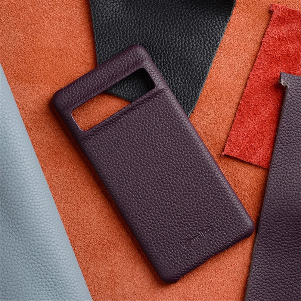 MELKCO Cellphone Case for Google Pixel 7 5G Genuine Cow Leather Coated PC Scratch Proof Cover - Orange - 5