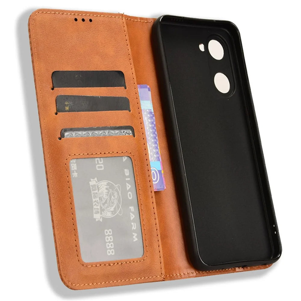 For vivo Y28s 5G / T3 Lite 5G / Y03 / Y18 4G / Y18e 4G Case Wallet Magnetic Closure Leather Retro Phone Cover - Brown - 4