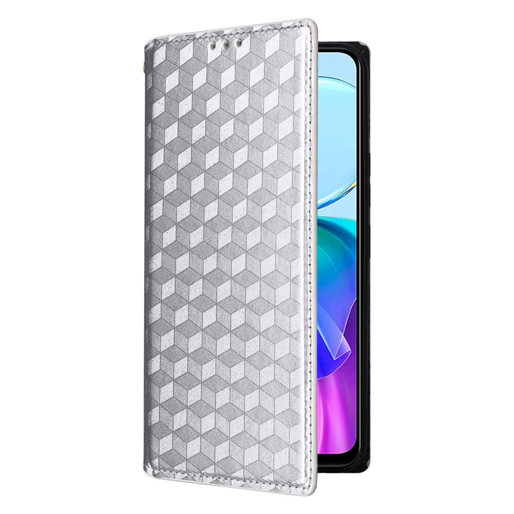 For vivo Y28s 5G / T3 Lite 5G / Y03 / Y18 4G / Y18e 4G Protective Case Magnetic Closing Rhombus Imprinting Leather Phone Shell - Silver - 5