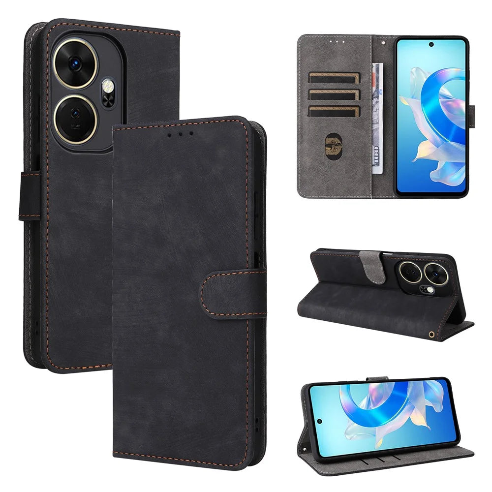 For itel P55+ P663LN Case RFID Blocking Leather Purse Phone Cover with Wrist Strap - Black - 5