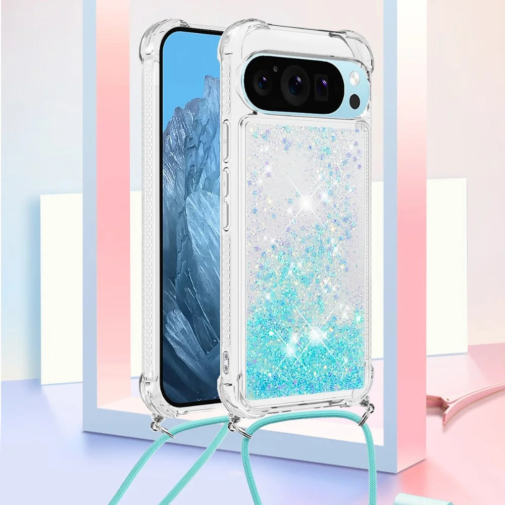 For Google Pixel 9 / Pixel 9 Pro TPU Case Quicksand Design Phone Cover with Lanyard - Blue / Pentagram - 3