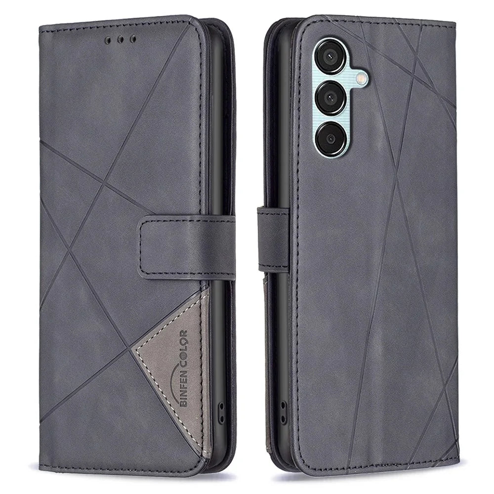 BINFEN COLOR For Samsung Galaxy M15 5G Phone Cases Wallet Stand Geometry Imprint Leather Cover - Black - 1