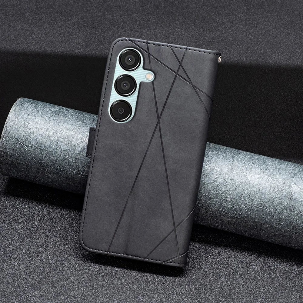 BINFEN COLOR For Samsung Galaxy M15 5G Phone Cases Wallet Stand Geometry Imprint Leather Cover - Black - 7