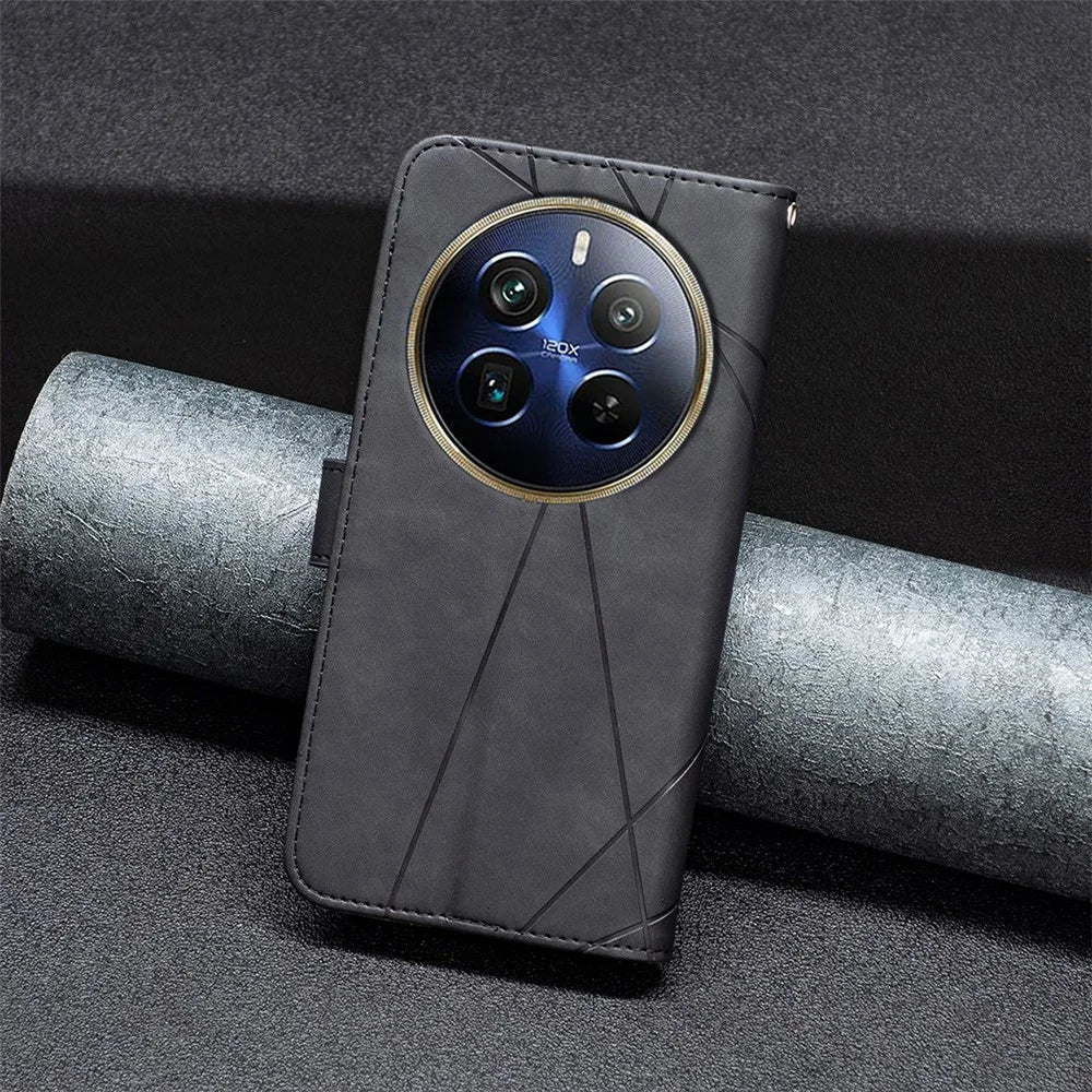 BINFEN COLOR For Realme 12 Pro 5G / 12 Pro+ 5G Phone Cases Wallet Stand Geometry Imprint Leather Cover - Black - 7