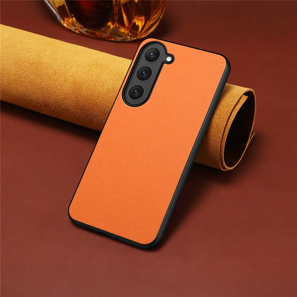 For Samsung Galaxy S23 Case Scratch-proof PU+TPU+PC Calf Texture Protective Cover - Orange - 4