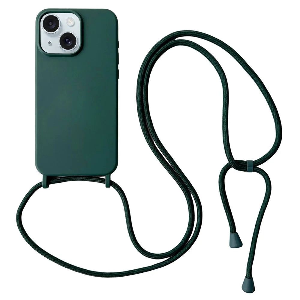 For iPhone 14 Case Liquid Silicone Protective Phone Cover with Crossbody Lanyard - Blackish Green - 1