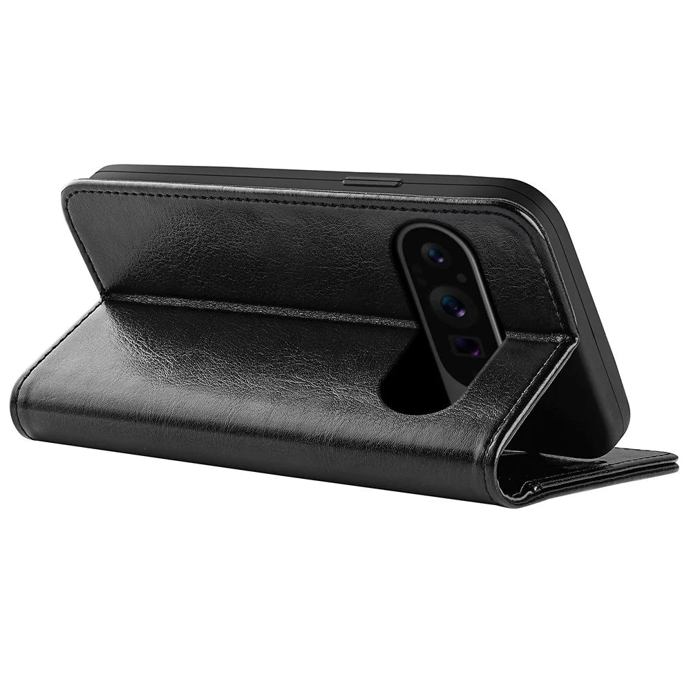 For Google Pixel 9 Pro XL Cell Phone Cases Crazy Horse Texture Magnetic Cover - Black - 4
