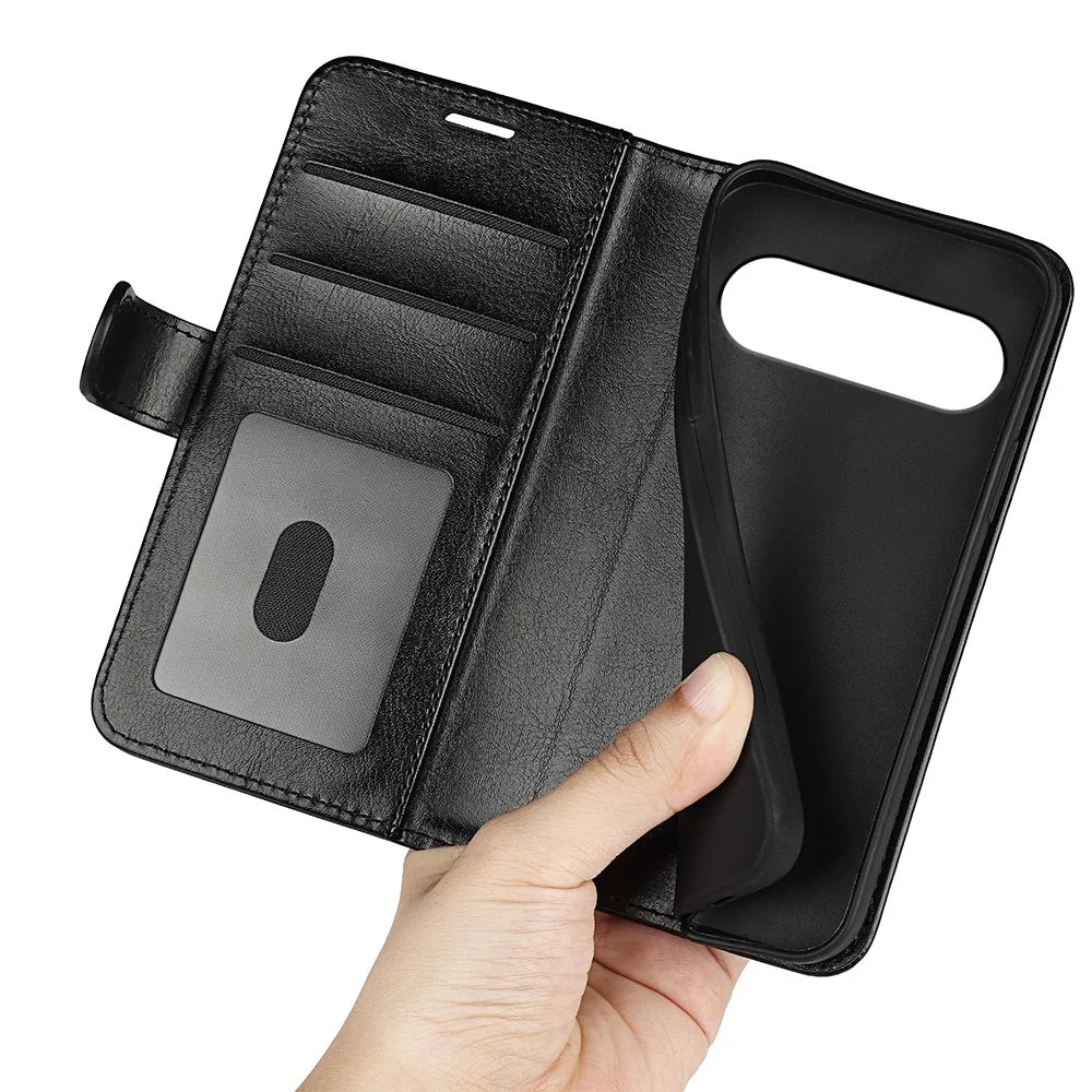 For Google Pixel 9 Pro XL Cell Phone Cases Crazy Horse Texture Magnetic Cover - Black - 5