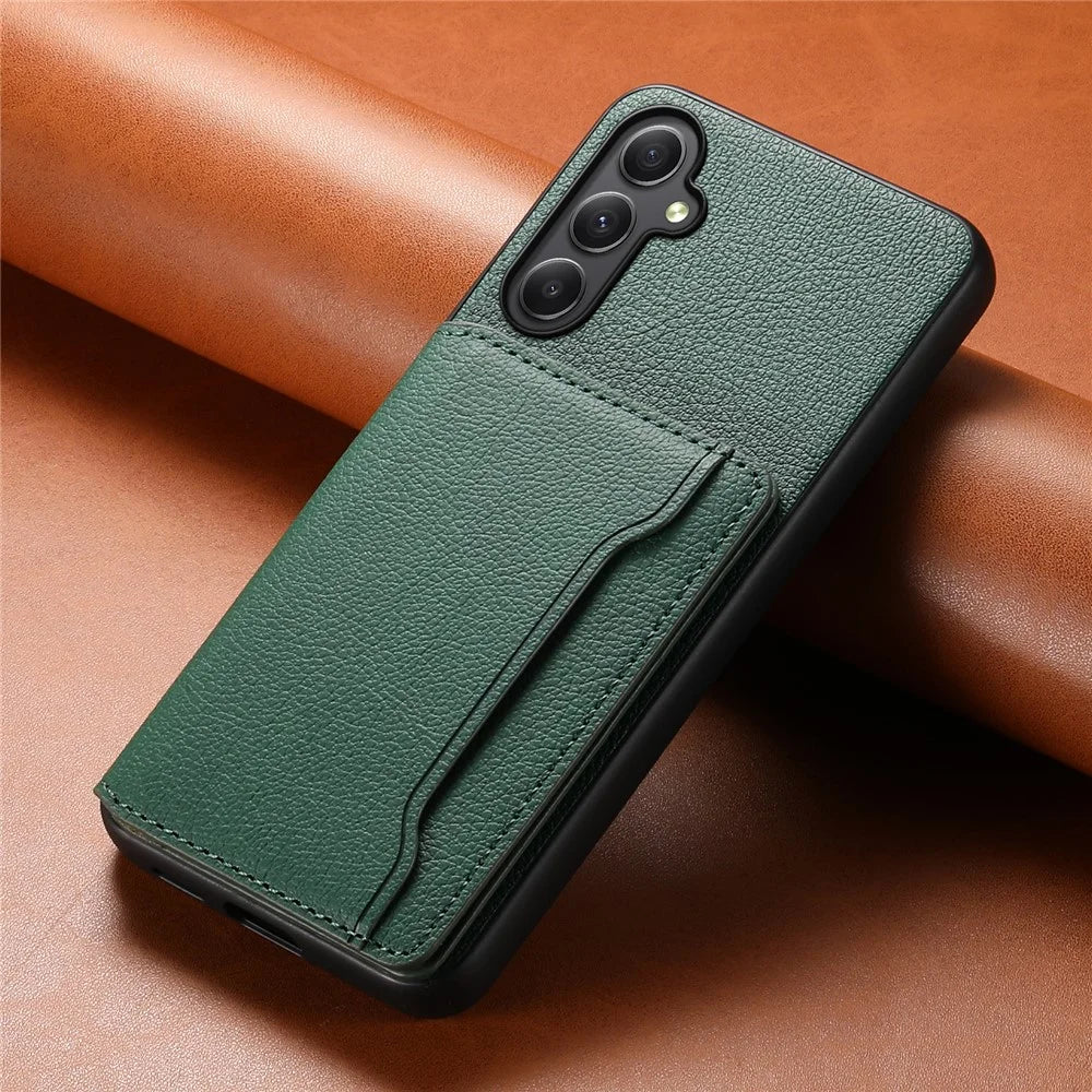 For Samsung Galaxy A35 5G Phone Case Kickstand Card Slots Leather+PC+TPU Hybrid Cover - Green - 6