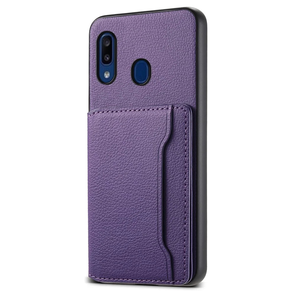 For Samsung Galaxy A20 / A30 Kickstand Case TPU+PC+PU Phone Cover with Card Slots - Purple - 1