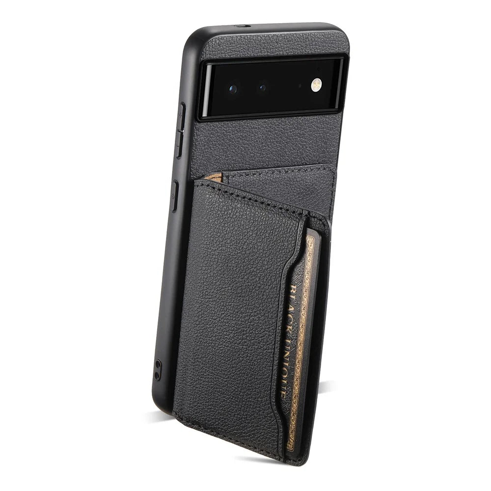 For Google Pixel 6 PC+TPU+PU Leather Phone Case Card Slots Magnetic Kickstand Calf Texture Shell - Black - 2