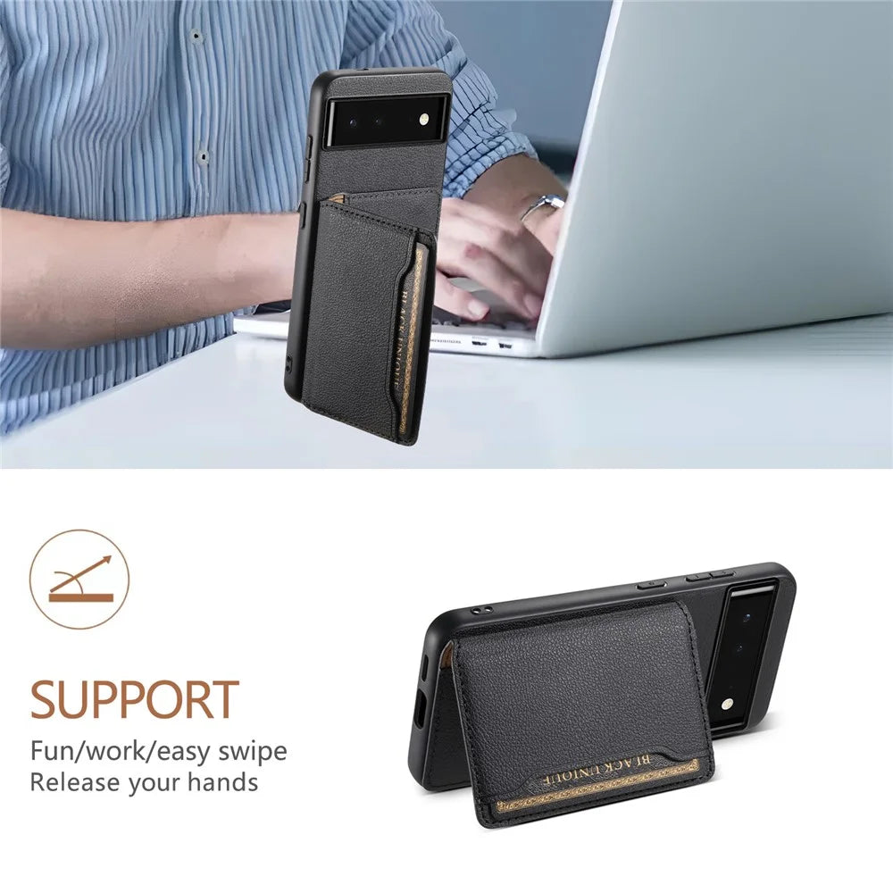 For Google Pixel 6 PC+TPU+PU Leather Phone Case Card Slots Magnetic Kickstand Calf Texture Shell - Black - 5