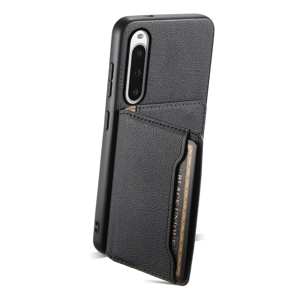 For Sony Xperia 10 V Case Kickstand Calf Texture Phone Back Protector - Black - 2