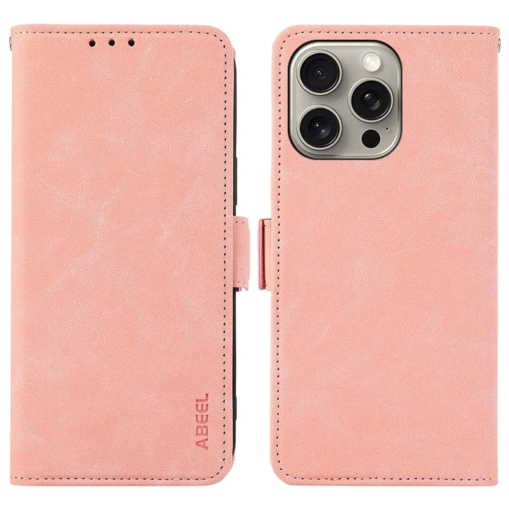 ABEEL For iPhone 14 Pro Wallet Case RFID Blocking Side Magnetic Clasp Smart Phone Cover - Pink - 1