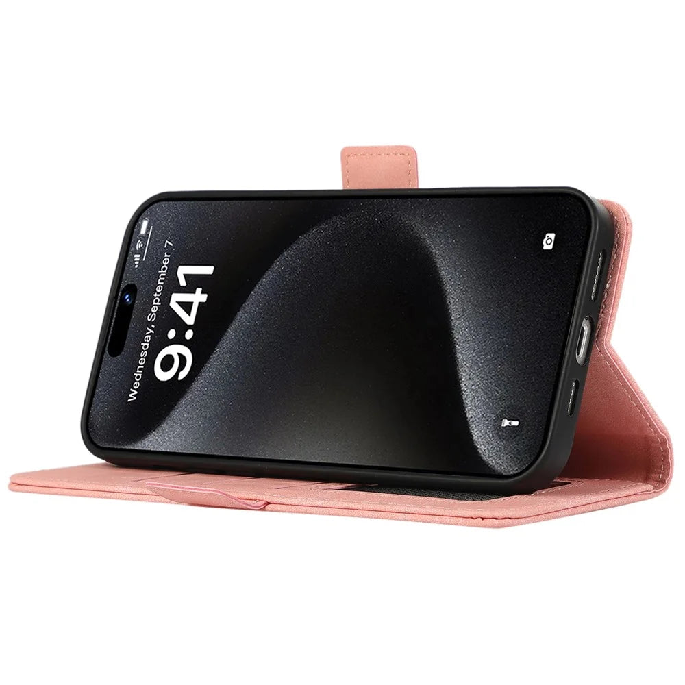 ABEEL For iPhone 15 Pro Max Wallet Case PU Leather Stand Blocking RFID Phone Cover - Pink - 3