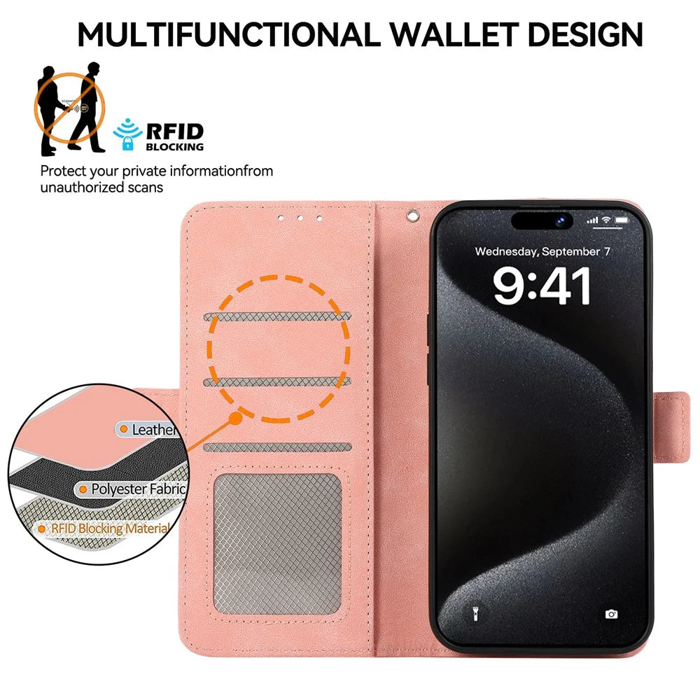 ABEEL For iPhone 15 Pro Max Wallet Case PU Leather Stand Blocking RFID Phone Cover - Pink - 4
