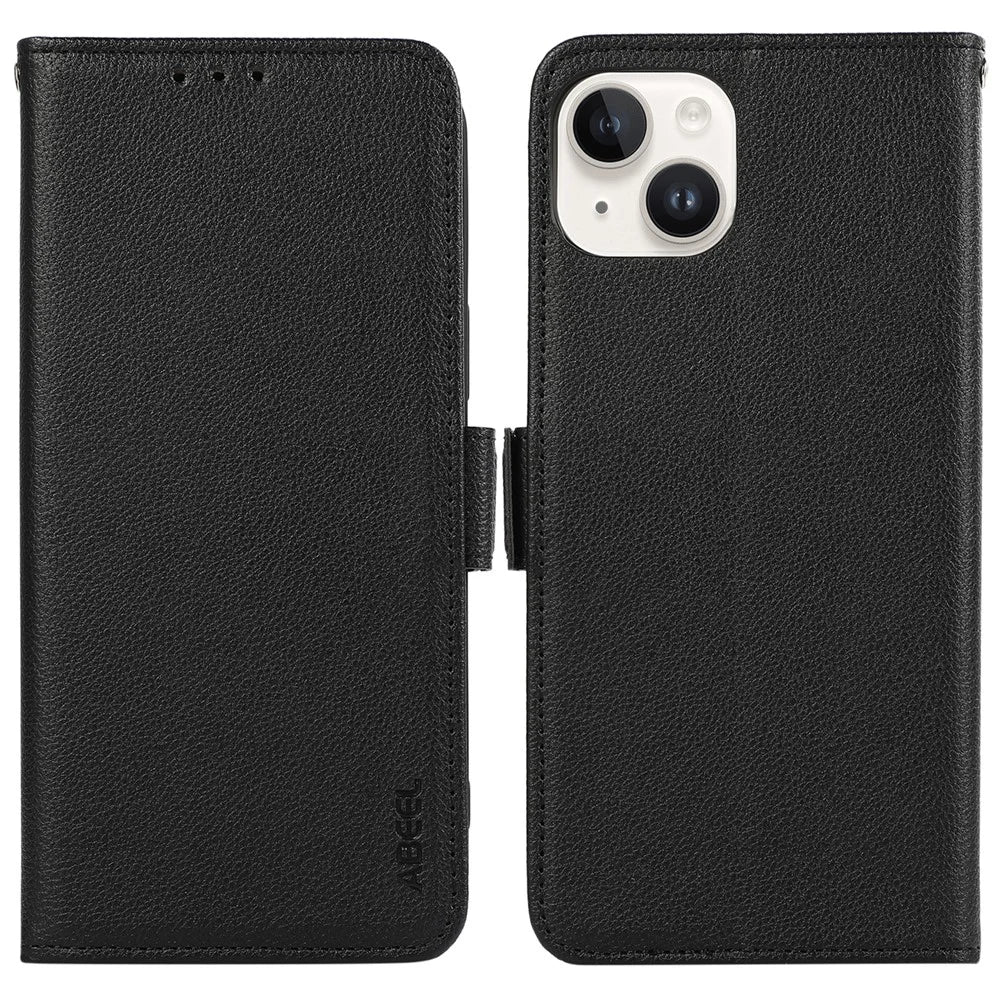 ABEEL For iPhone 15 Magnetic Case Leather Litchi Texture RFID Blocking Phone Cover - Black - 1