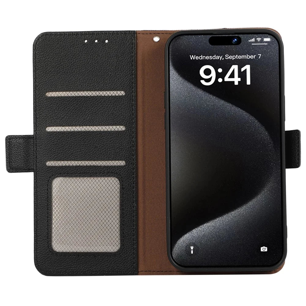 ABEEL For iPhone 15 Pro RFID Blocking Case Litchi Texture Leather Wallet Phone Cover - Black - 2