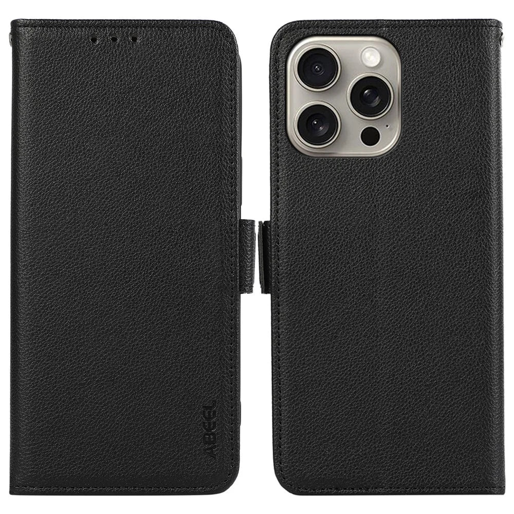 ABEEL For iPhone 12 6.1 inch / 12 Pro 6.1 inch Phone Protective Shell RFID Blocking Leather Stand Litchi Texture - Black - 1