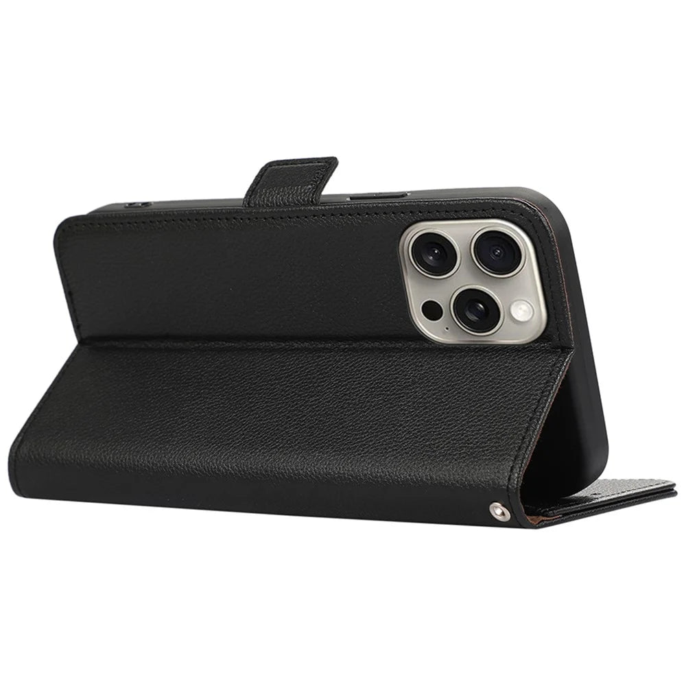 ABEEL For iPhone 14 Pro Max Case PU Leather Litchi Texture RFID Blocking Card Holder Phone Cover - Black - 3