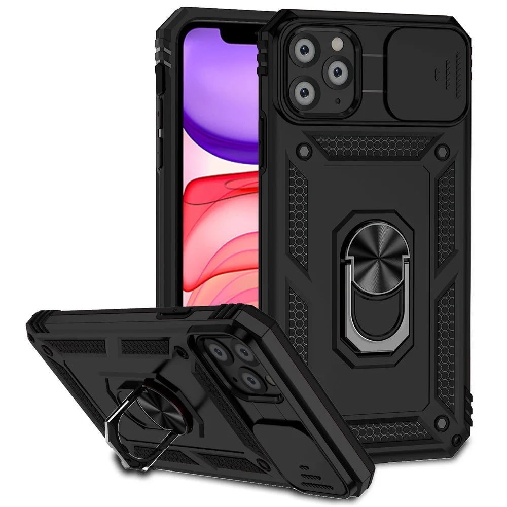 For iPhone 11 Pro Max Case with Camera Slide Protector PC+TPU Kickstand Armour Phone Cover - Black - 1