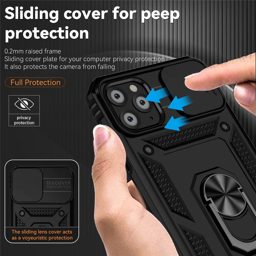 For iPhone 11 Pro Max Case with Camera Slide Protector PC+TPU Kickstand Armour Phone Cover - Black - 4