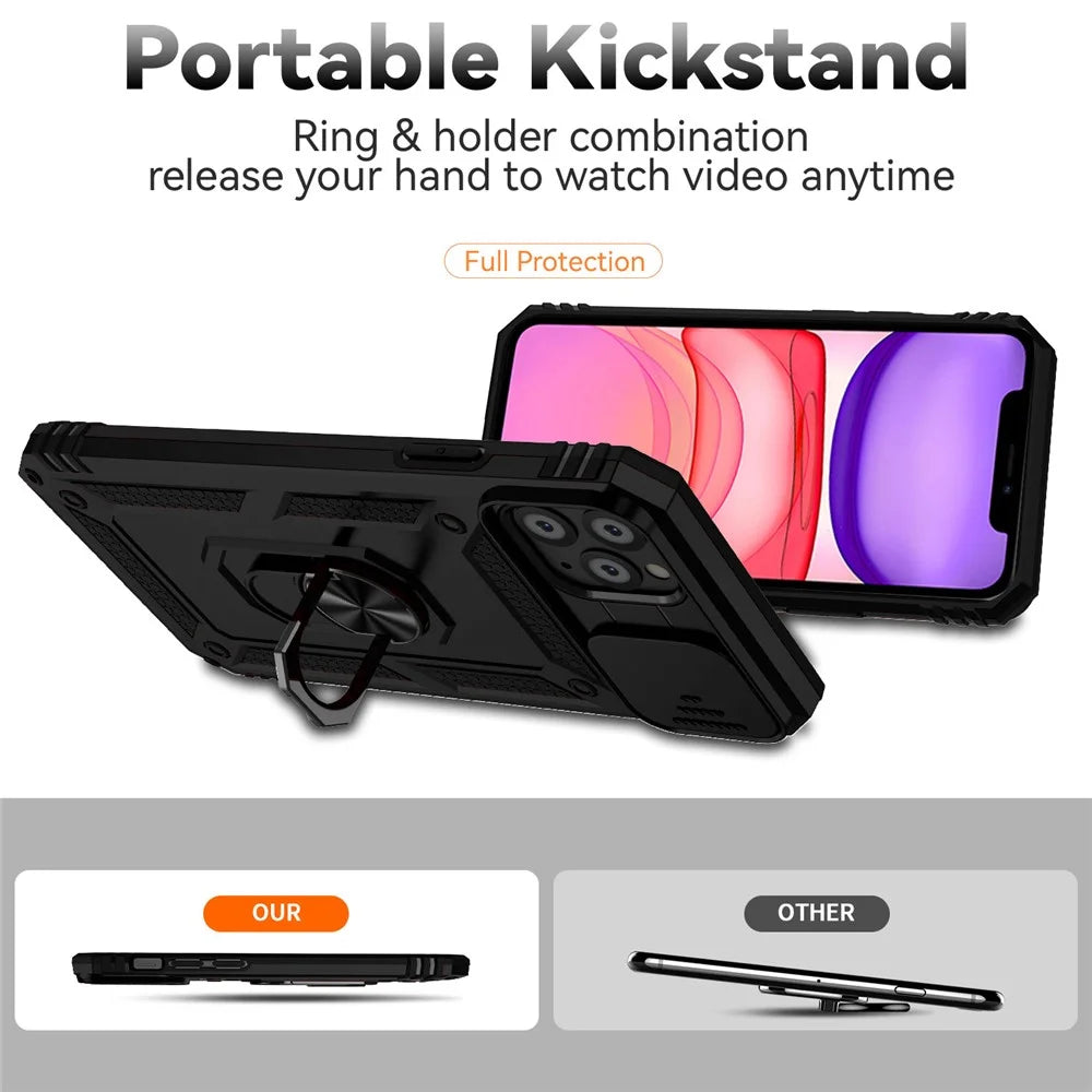 For iPhone 11 Pro Max Case with Camera Slide Protector PC+TPU Kickstand Armour Phone Cover - Black - 7
