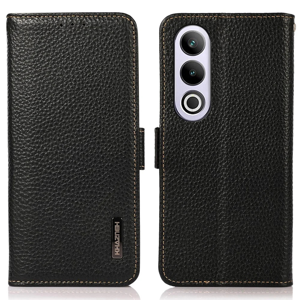 KHAZNEH For OnePlus Nord CE4 5G RFID Blocking Case Genuine Cow Leather Phone Cover - Black - 1