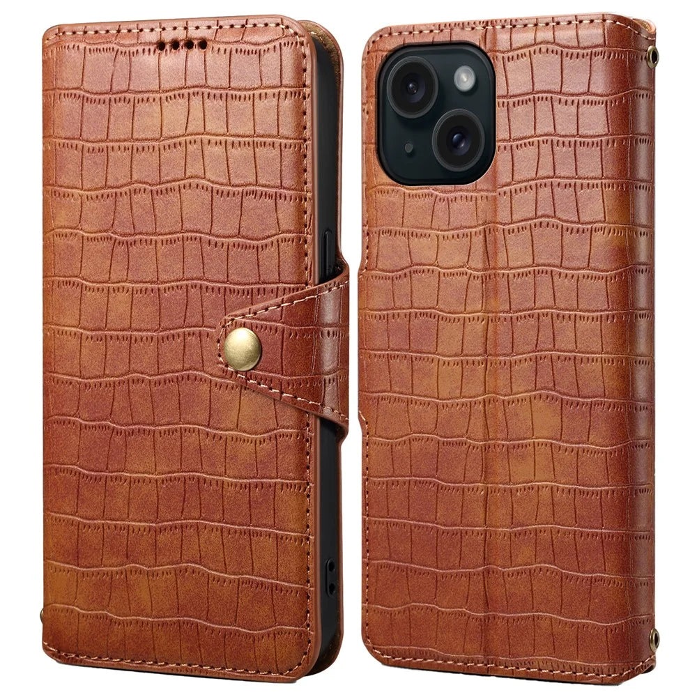 For iPhone 14 Case Crocodile Texture Leather Phone Cover with Wallet Card Slots - Brown - 1