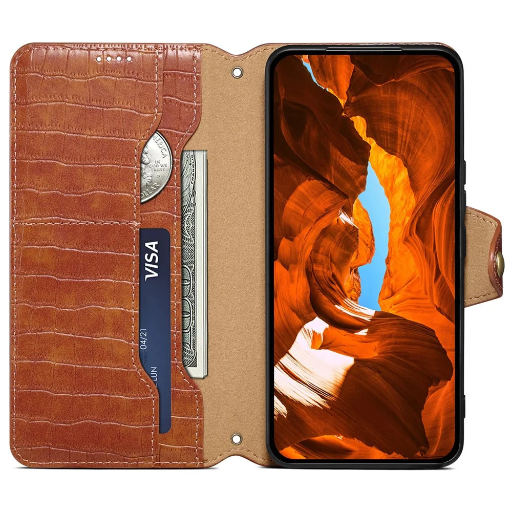 For iPhone 14 Case Crocodile Texture Leather Phone Cover with Wallet Card Slots - Brown - 2
