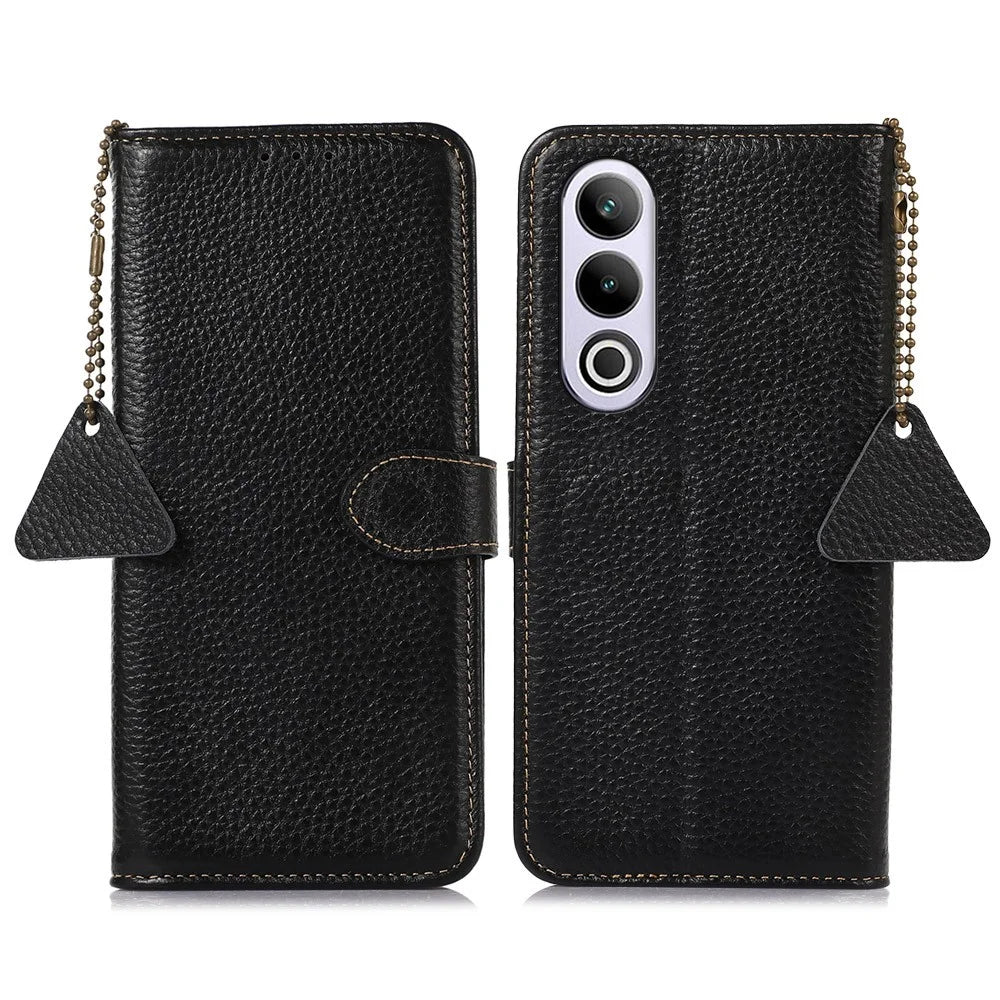 For OnePlus Ace 3V 5G Case RFID Blocking Litchi Texture Genuine Cow Leather Phone Cover - Black - 1