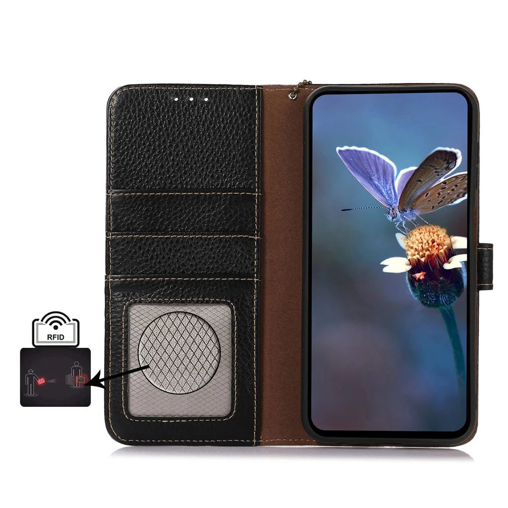 For OnePlus Ace 3V 5G Case RFID Blocking Litchi Texture Genuine Cow Leather Phone Cover - Black - 4