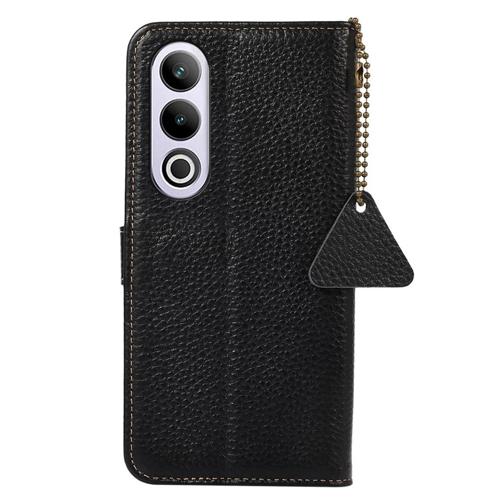 For OnePlus Ace 3V 5G Case RFID Blocking Litchi Texture Genuine Cow Leather Phone Cover - Black - 7