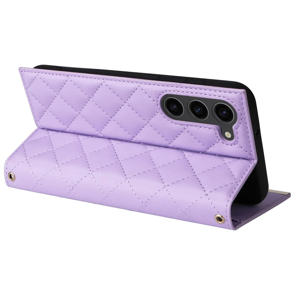 For Samsung Galaxy S23 Leather Case Suction Cup Wallet Flip Phone Cover with Shoulder Strap - Purple - 3