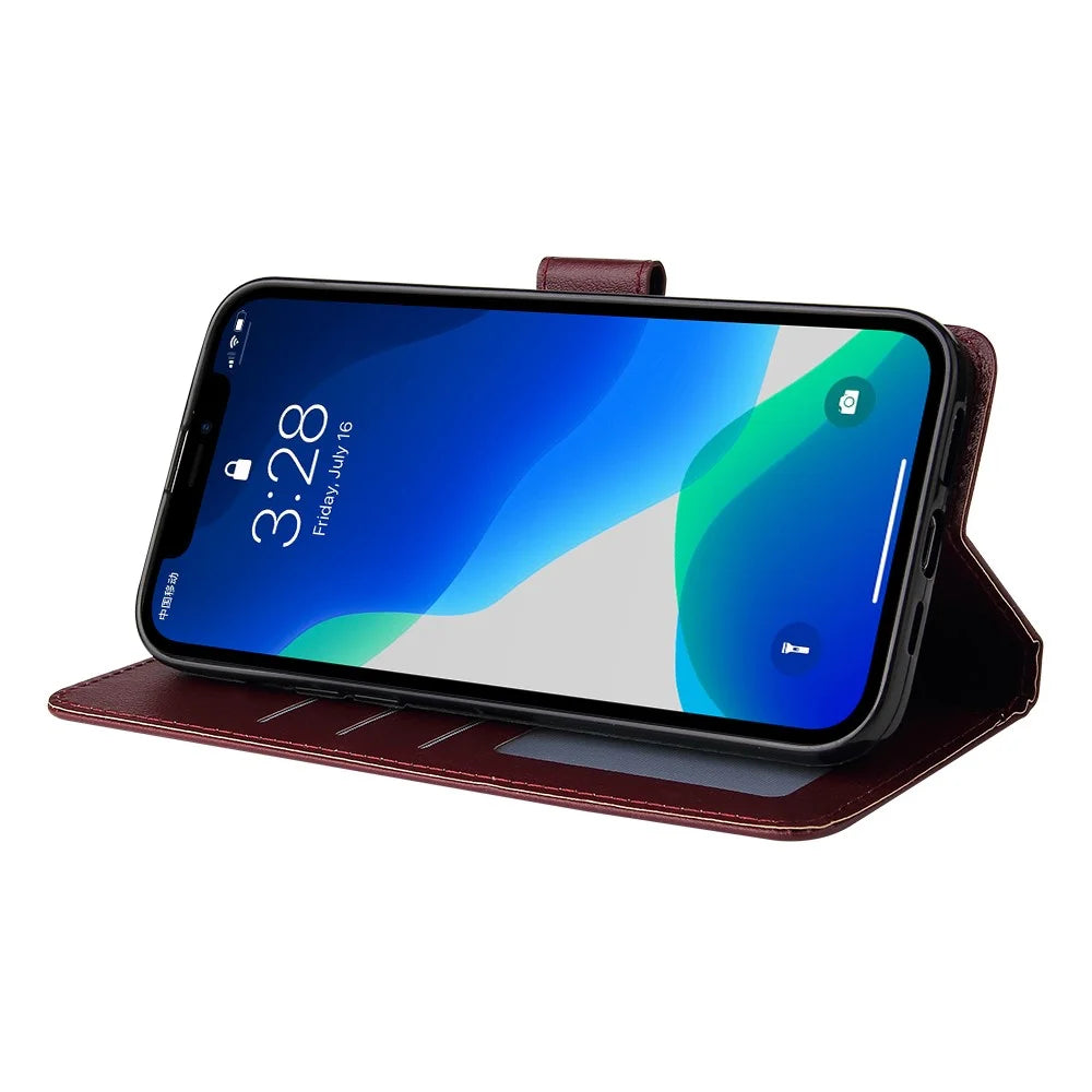 For iPhone 11 Pro Max Case Magnetic PU Leather Stand Flip Phone Cover - Wine Red - 3