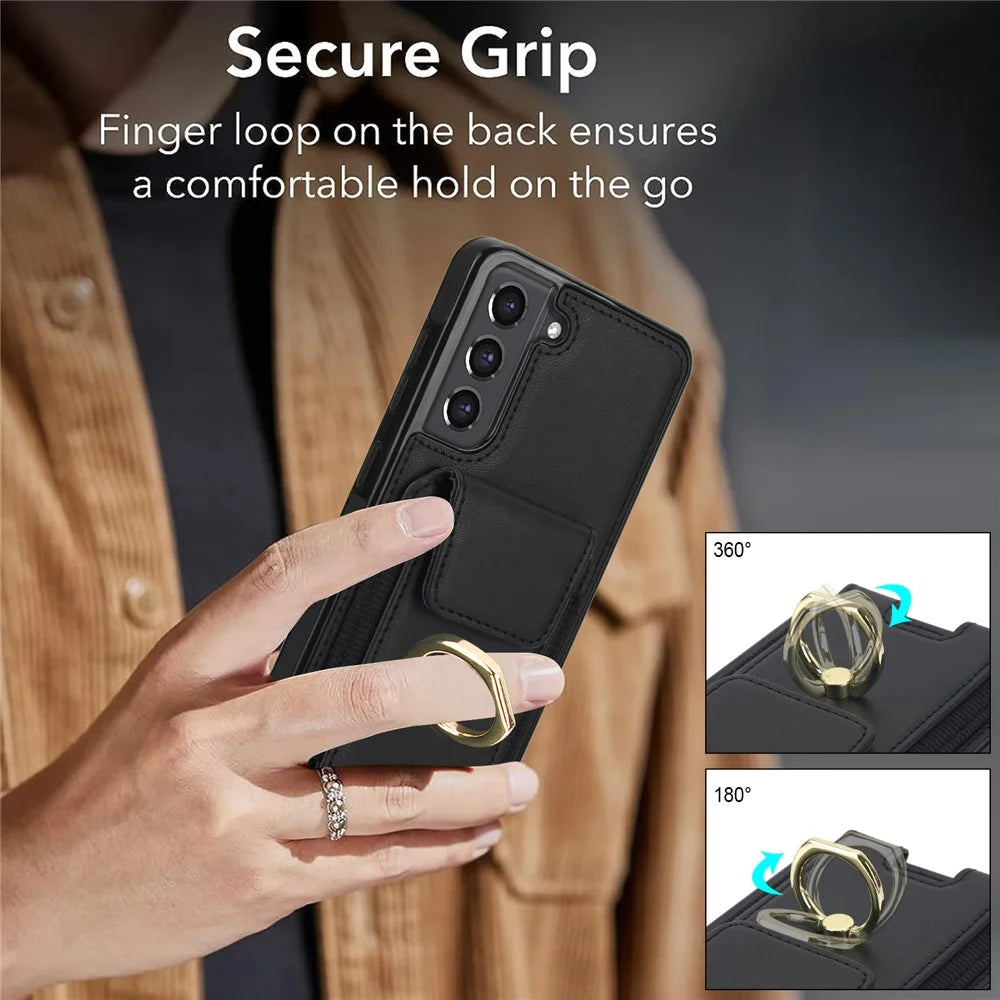 For Samsung Galaxy S22+ 5G Case PU Leather Coated TPU Phone Cover with Card Holder - Black - 5