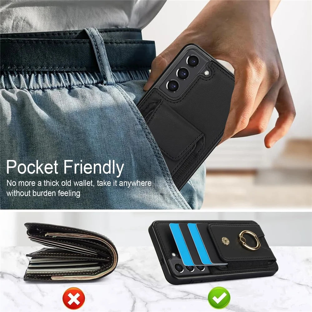 For Samsung Galaxy S22+ 5G Case PU Leather Coated TPU Phone Cover with Card Holder - Black - 6