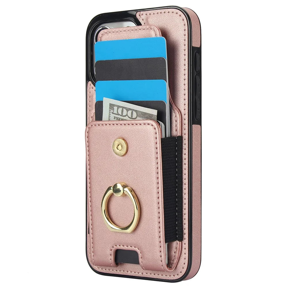For iPhone 14 Pro Max Case Card Holder Kickstand Leather Coated TPU Phone Cover - Rose Gold - 3
