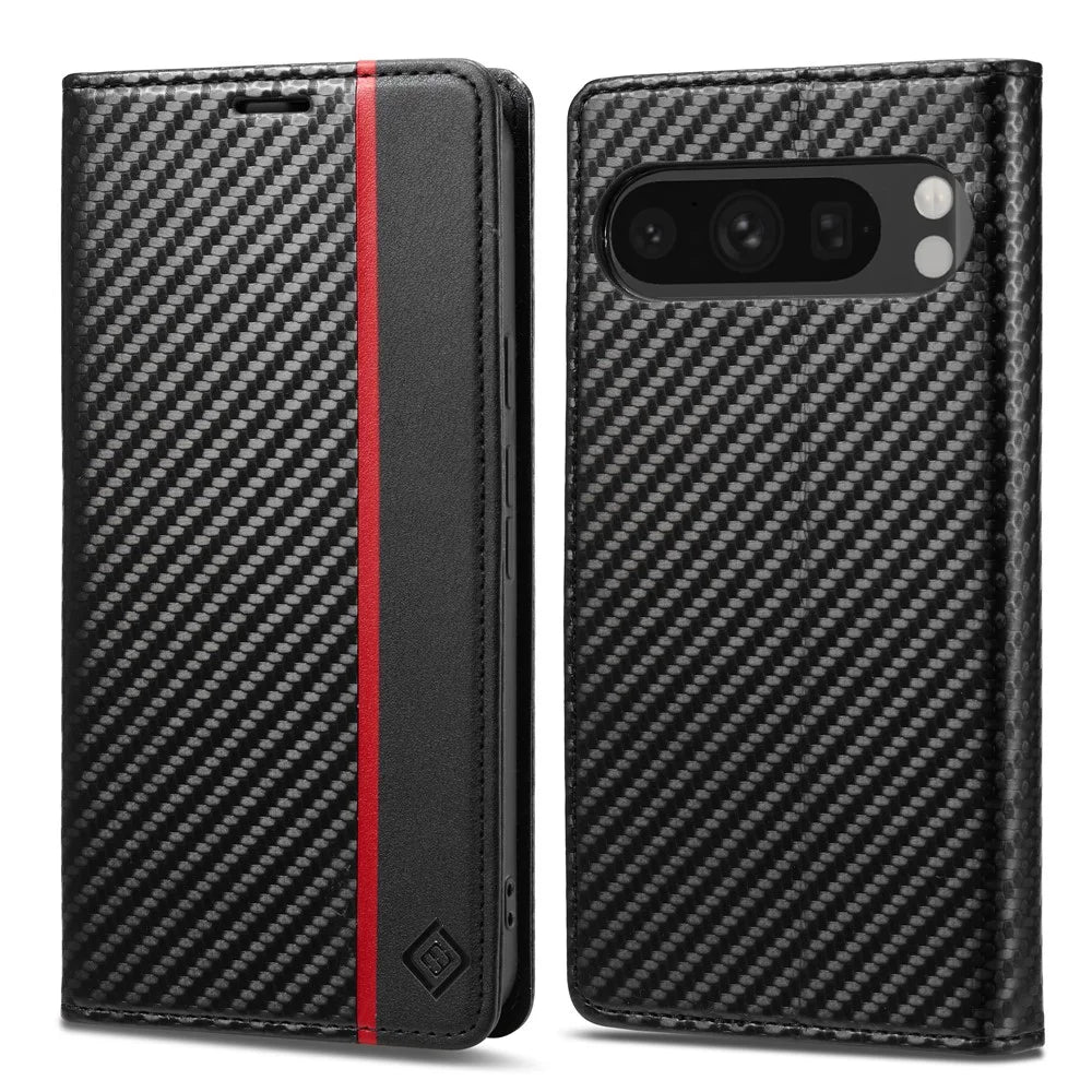LC.IMEEKE For Google Pixel 9 Pro XL Wallet Case Carbon Fiber Texture Leather Flip Phone Cover - Vertical Stripe - 1